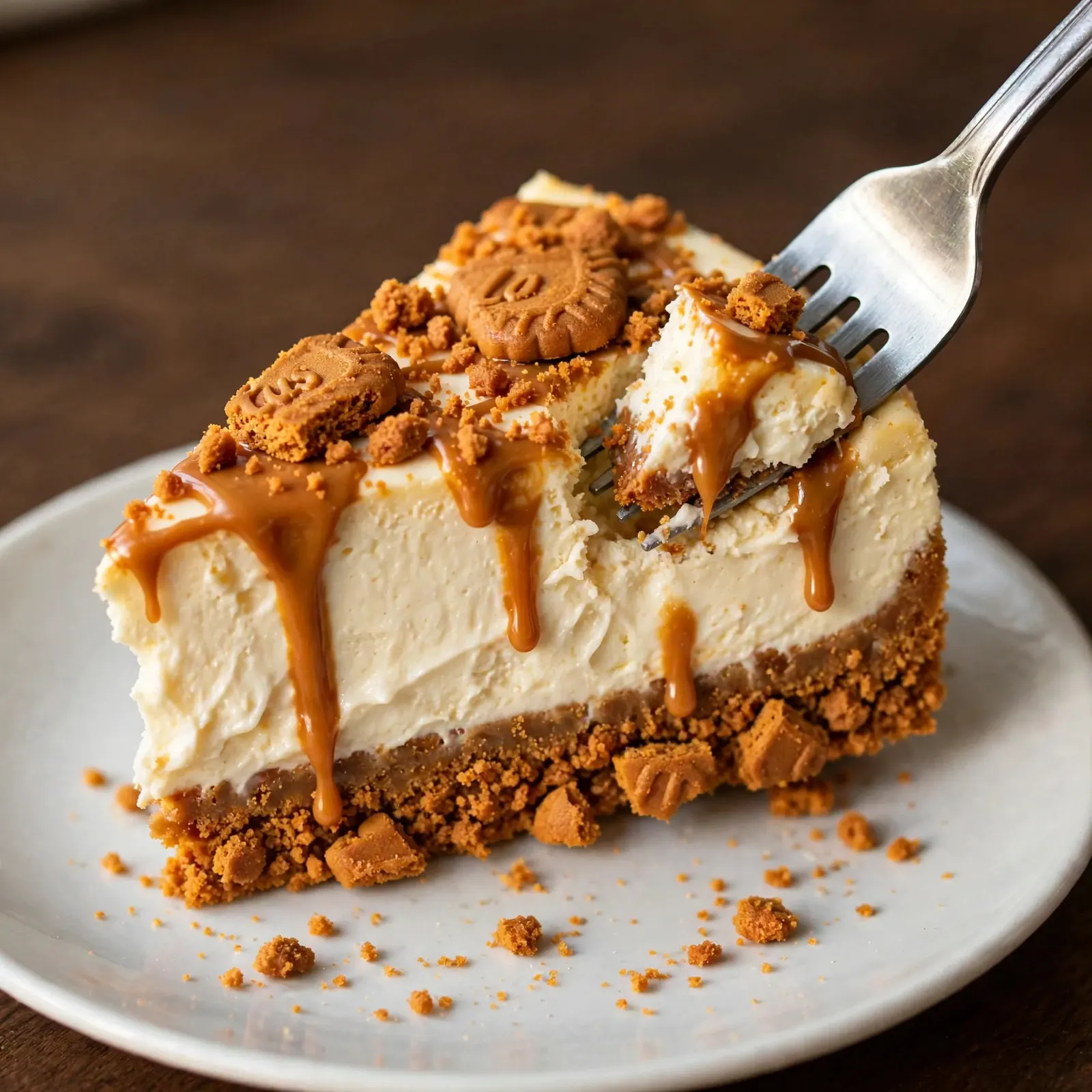 Fork cutting a bite from Biscoff cheesecake slice in white plate
