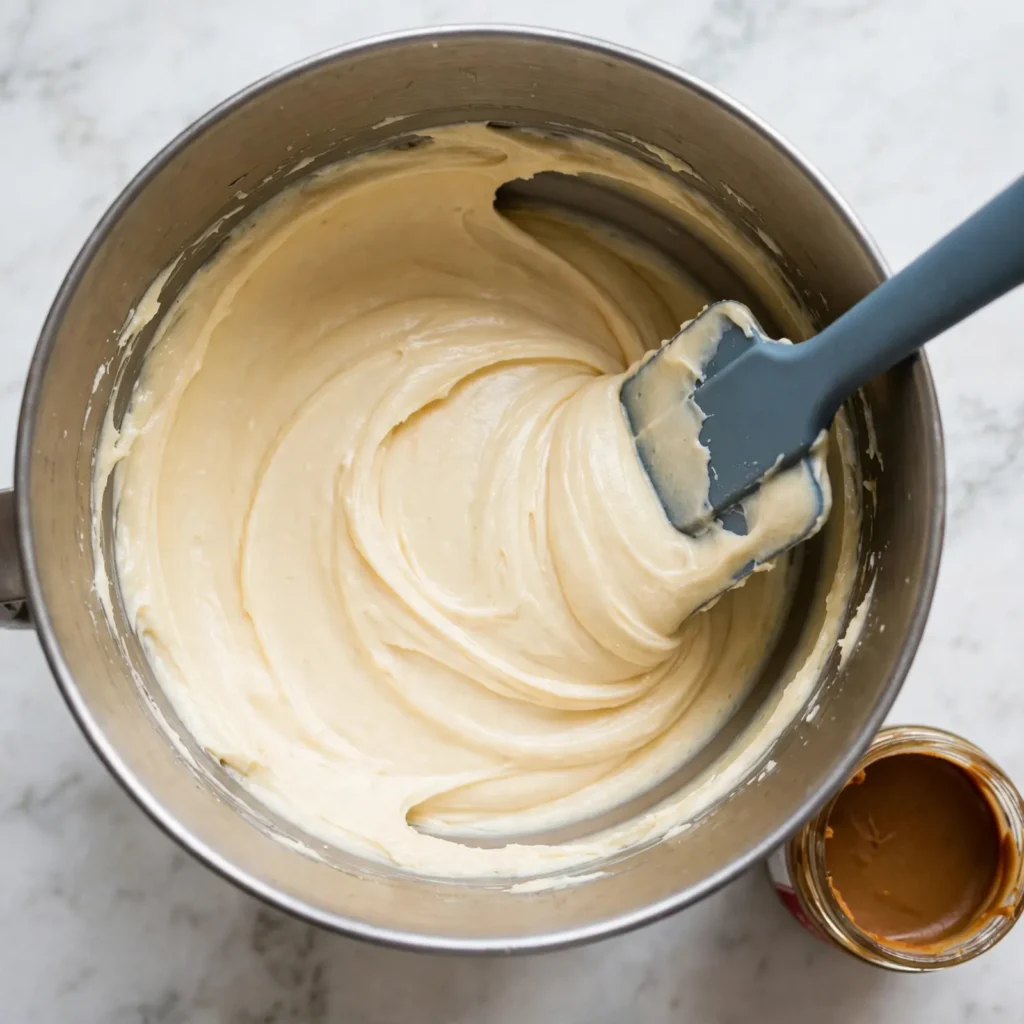 Biscoff cream cheese filling being beaten in a stand mixer bowl smooth caramel-ivory color