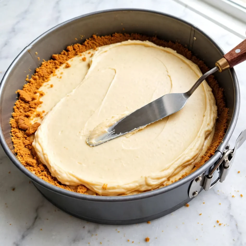 Biscoff cheesecake filling being smoothed into a springform pan with a palette knife