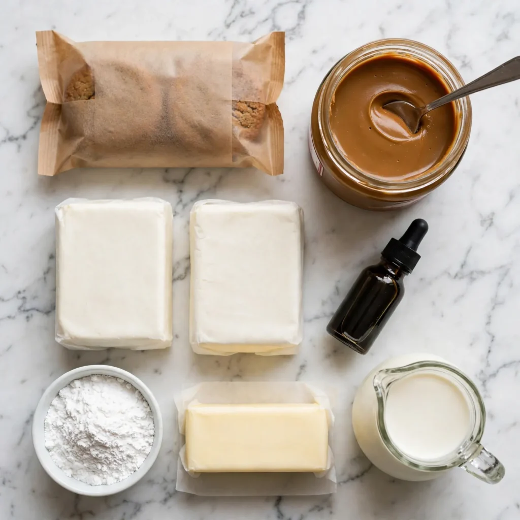 Biscoff cheesecake ingredients on white marble including Biscoff cookies spread cream cheese and cream