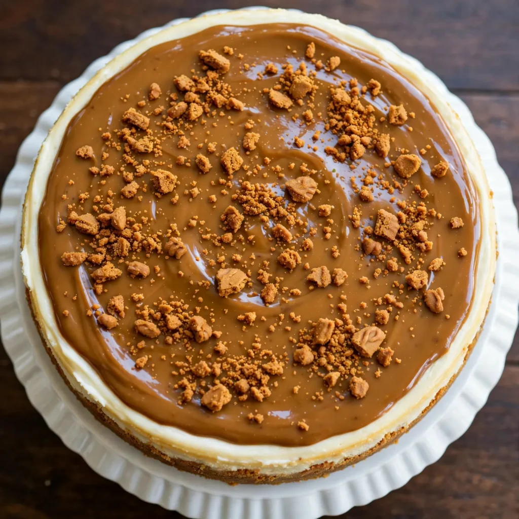 Overhead view of complete Biscoff cheesecake on a white cake stand with Biscoff topping and crushed cookies