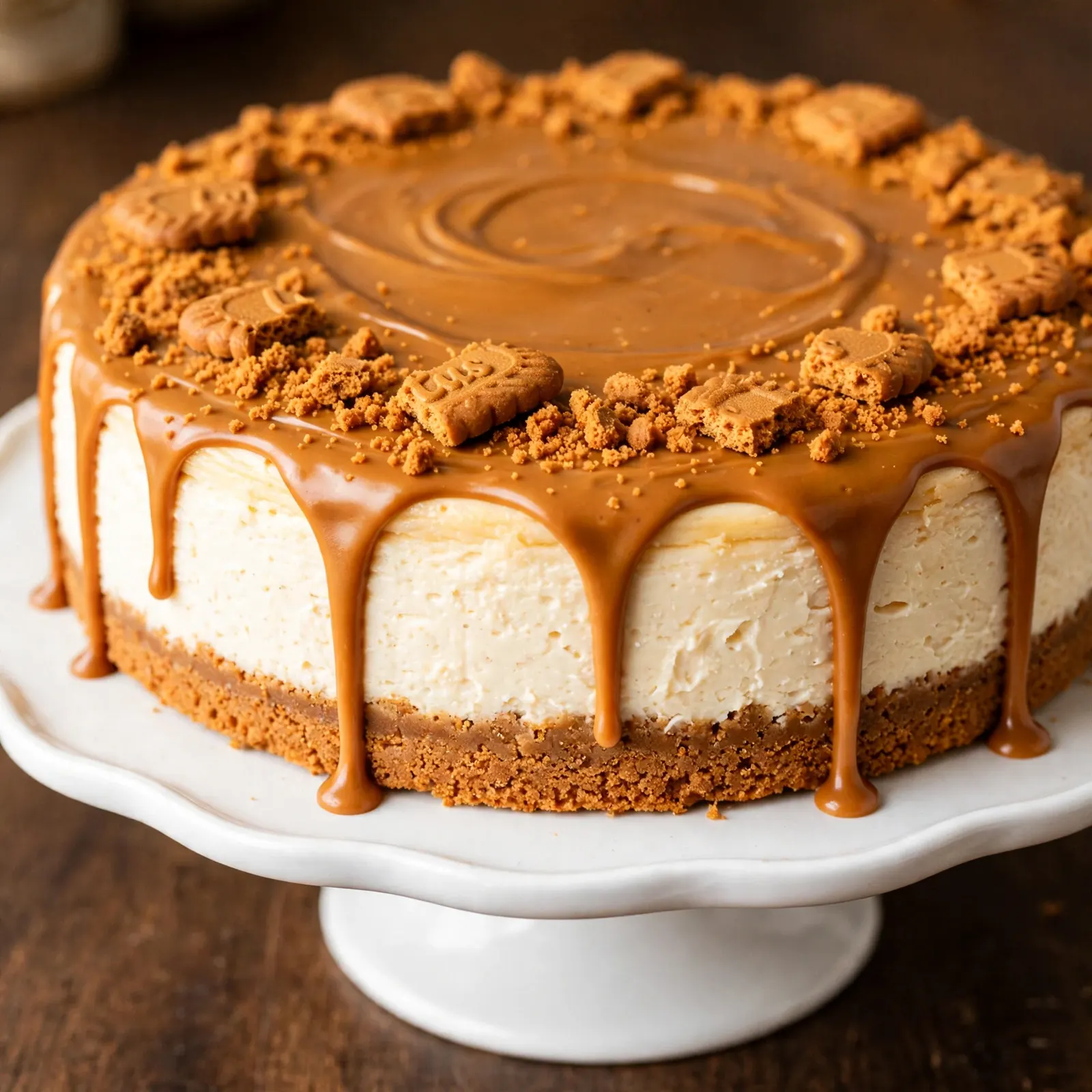 Biscoff cheesecake on a white cake stand with cookie base and Biscoff drizzle topping