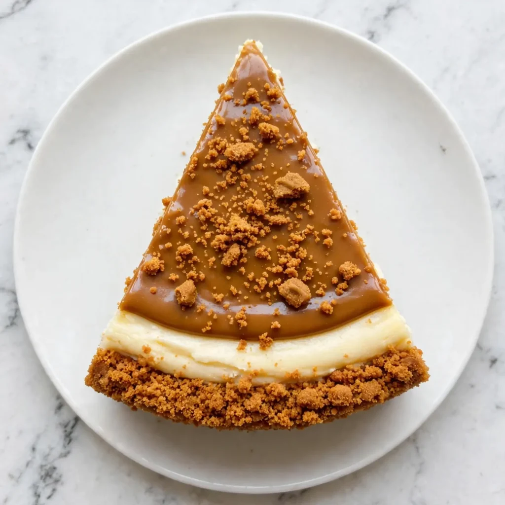 Overhead slice of Biscoff cheesecake showing cookie base cream filling and Biscoff topping