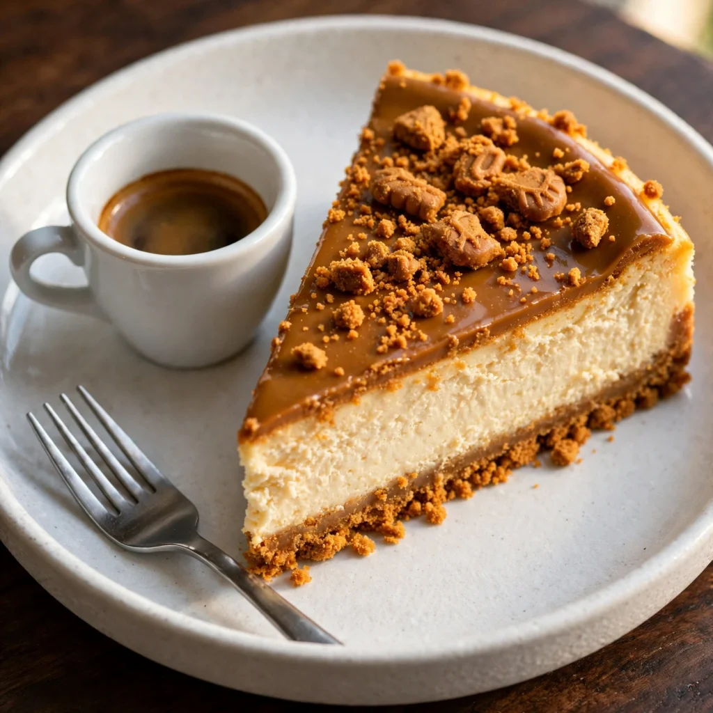 Biscoff cheesecake slice on a white plate with espresso and Biscoff cookie garnish