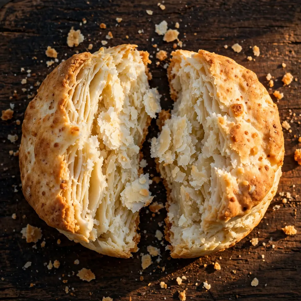 Homemade biscuit pulled apart to show distinct flaky interior layers on a dark wooden board