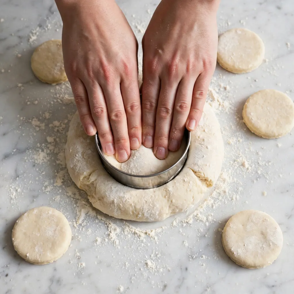 Hands pressing a round biscuit cutter straight down into biscuit dough on a lightly floured marble surface