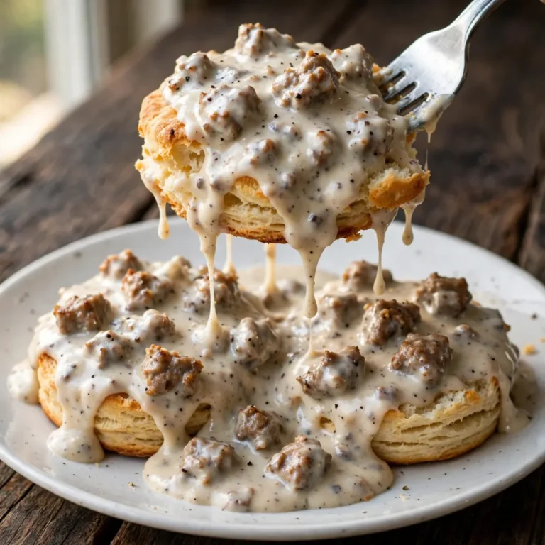 Fork lifting a biscuit half covered in creamy sausage gravy with gravy dripping back to the plate