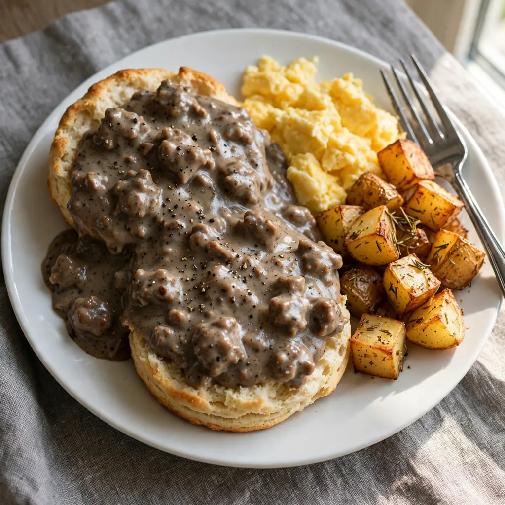 Full breakfast plate with biscuits smothered in sausage gravy alongside scrambled eggs and roasted potatoes