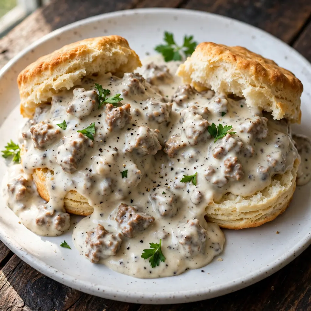 Fluffy biscuits smothered in creamy sausage gravy on a white plate with rustic dark wood background