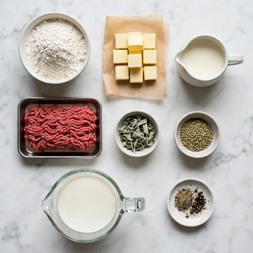 Biscuits and gravy ingredients in a flat lay on white marble including flour, butter, buttermilk, ground beef, and whole milk