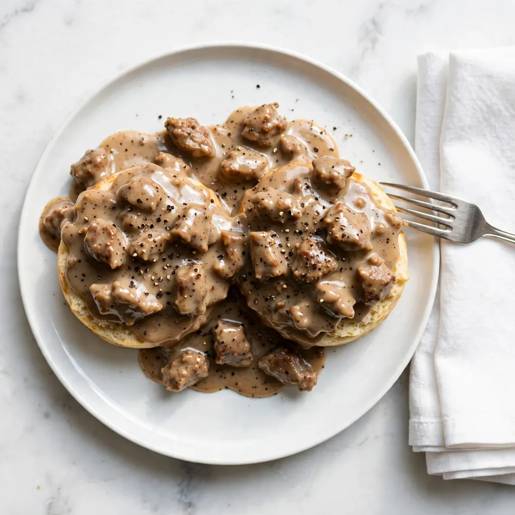 Overhead view of biscuits and gravy on a white plate with thick sausage gravy and cracked black pepper on white marble