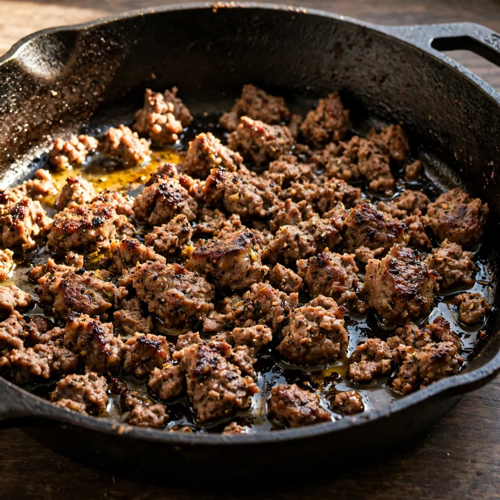 Seasoned ground beef sausage browning in a cast iron skillet with caramelized edges and rendered fat