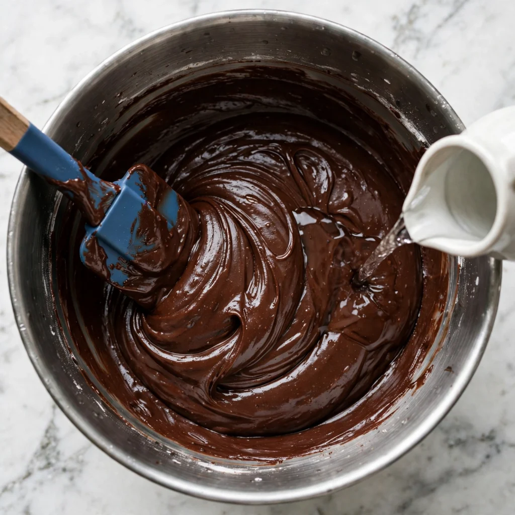 Dark chocolate cake batter being folded in a bowl with boiling water being added