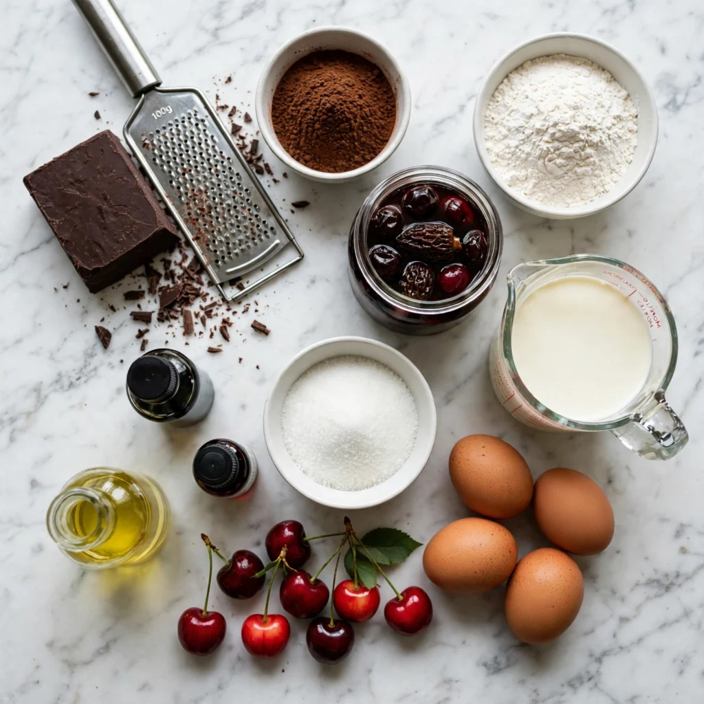 Black forest cake ingredients on white marble including dark chocolate, cherries, cream, and cocoa
