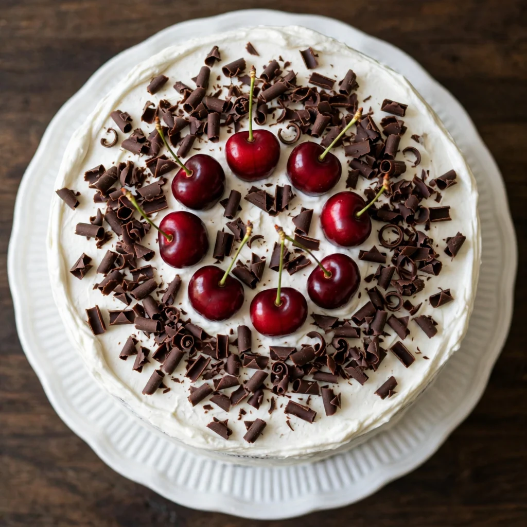 Overhead view of complete black forest cake with chocolate curls and fresh cherries on a cake stand