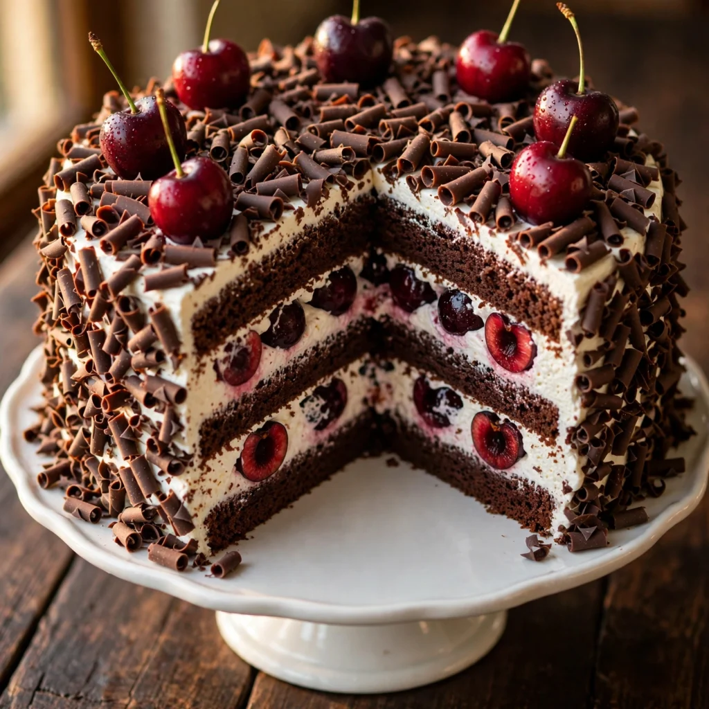 Black forest cake on a white cake stand showing chocolate layers, cream, and cherry filling
