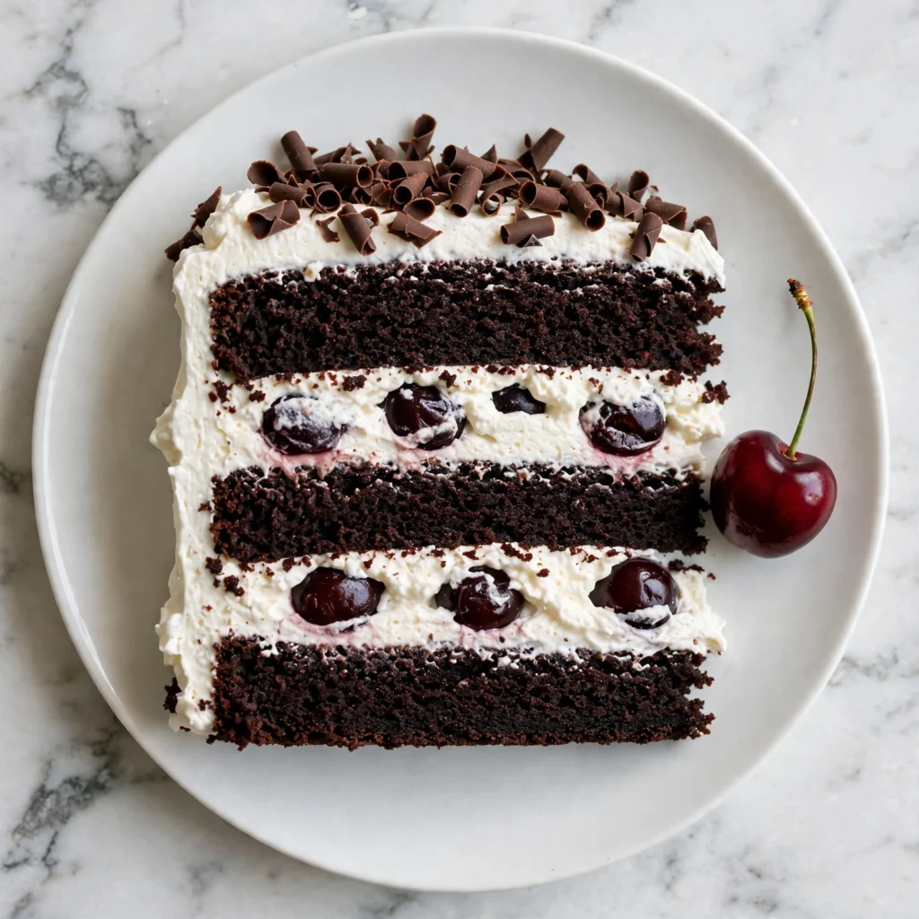 Slice of black forest cake on a white plate showing chocolate layers cream and cherries