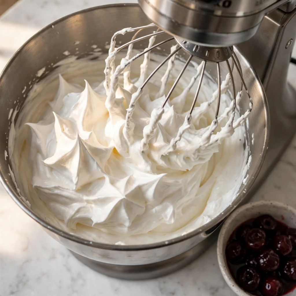 Stabilized whipped cream at firm peaks in a stand mixer bowl with cherries nearby