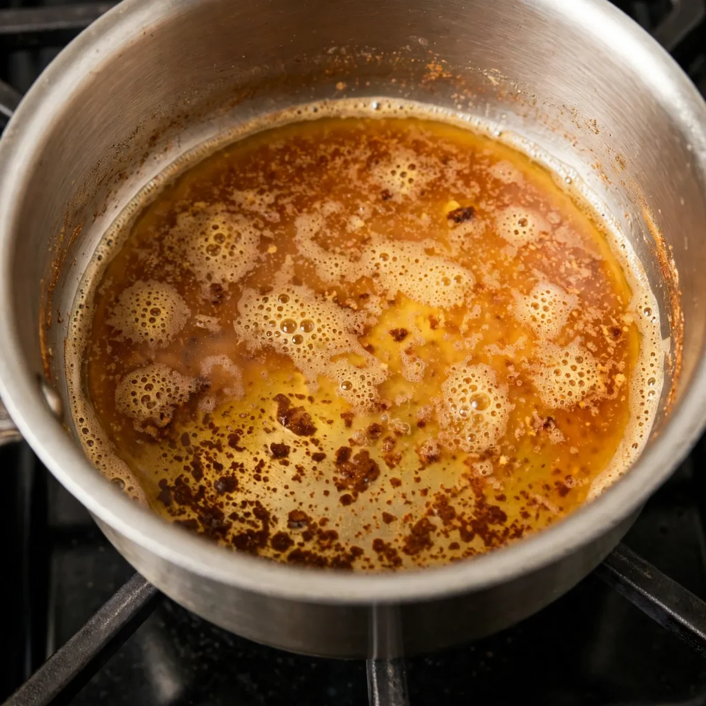 Butter browning in a light-colored saucepan showing amber color and dark milk solids visible at the bottom during the browning process