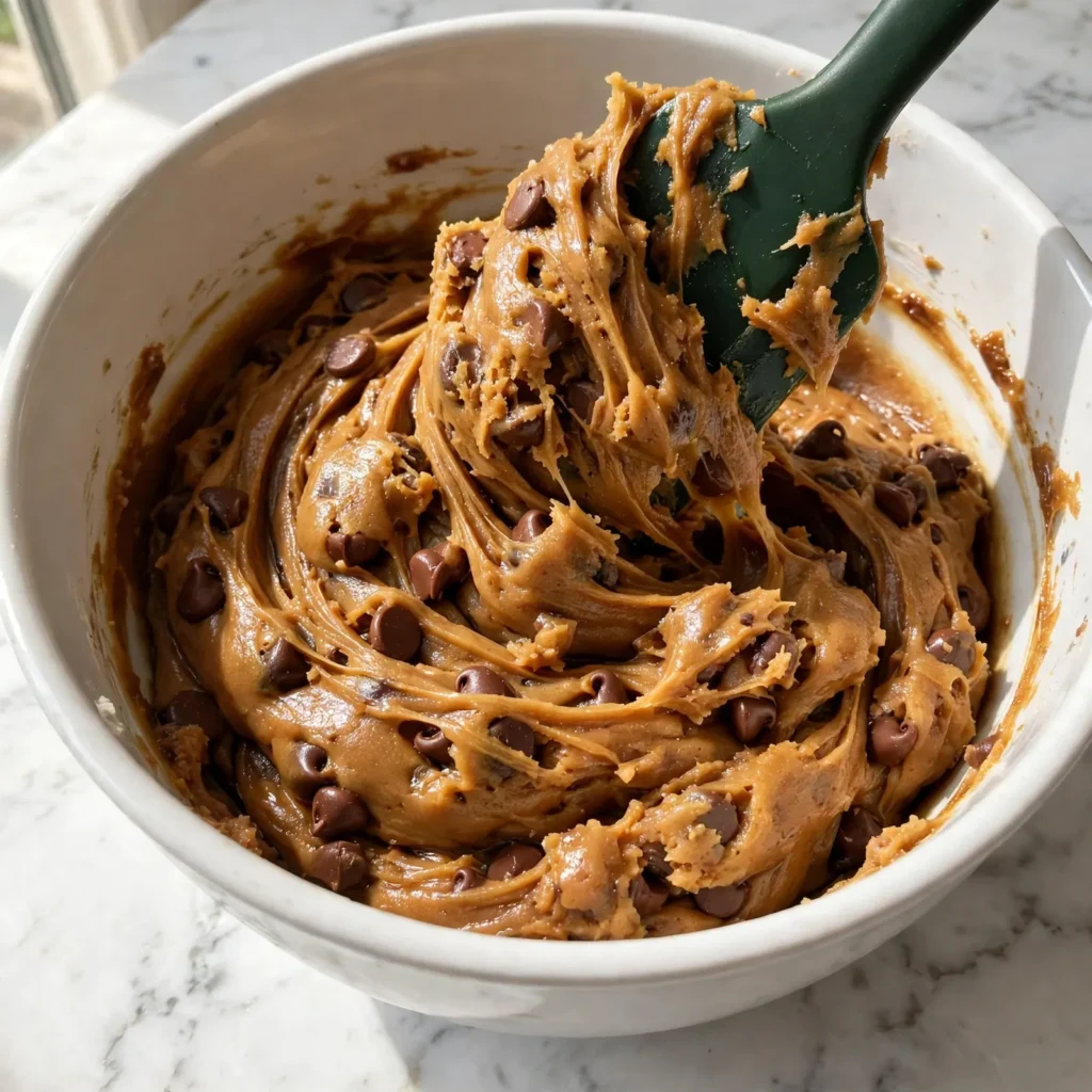Brown butter chocolate chip cookie dough in white bowl with chocolate chips being folded with a silicone spatula showing thick golden dough