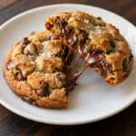 Brown butter chocolate chip cookie broken open showing melted chocolate center