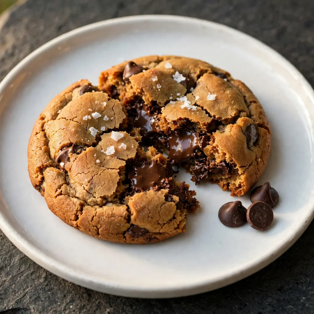 Final beauty shot of brown butter chocolate chip cookie cracked open showing soft chewy interior with melted chocolate and flaky salt on dark stone