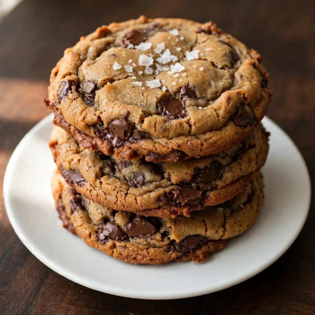 Three stacked brown butter chocolate chip cookies with crispy edges and chocolate chips on white plate on dark wood