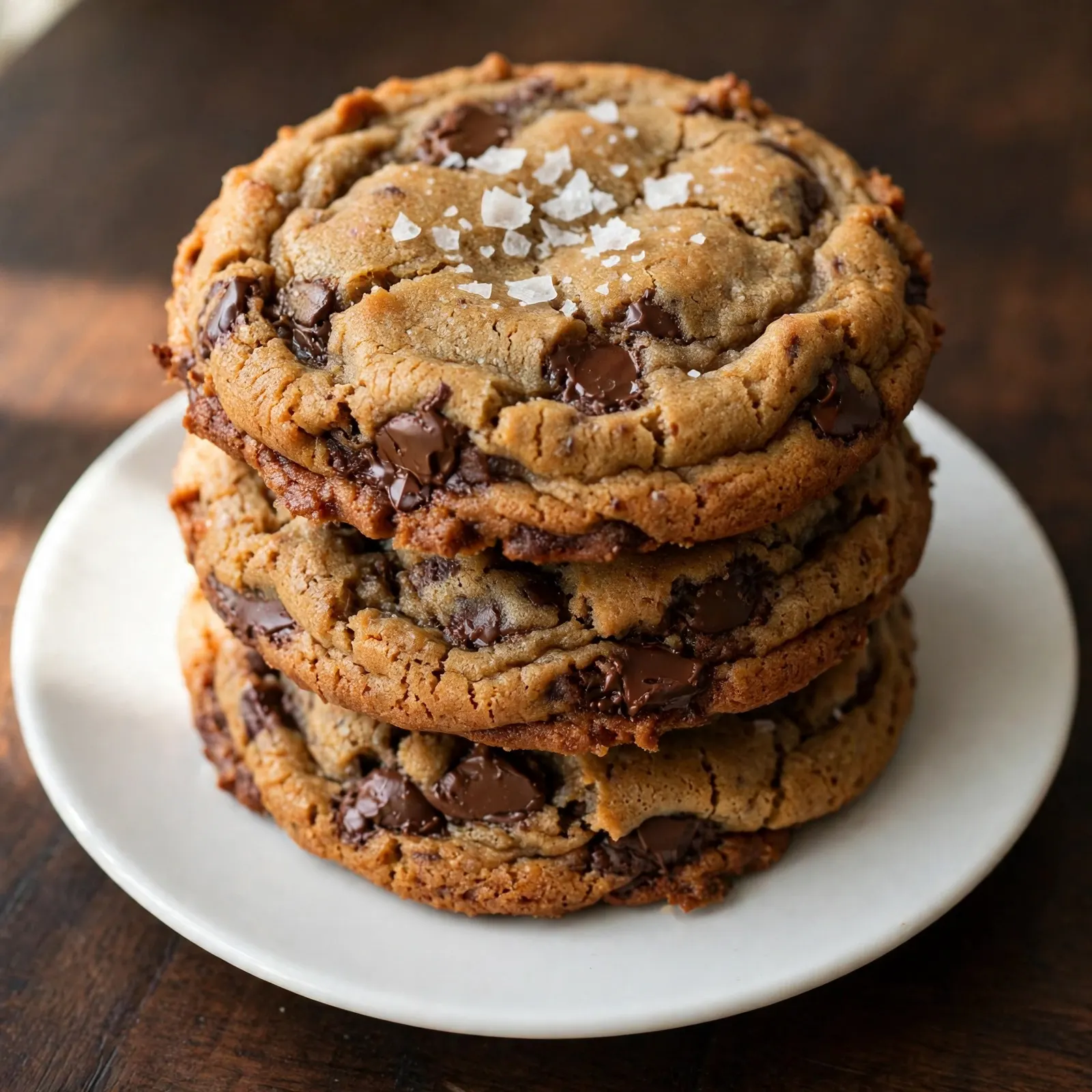 Three stacked brown butter chocolate chip cookies with crispy edges and chocolate chips on white plate on dark wood