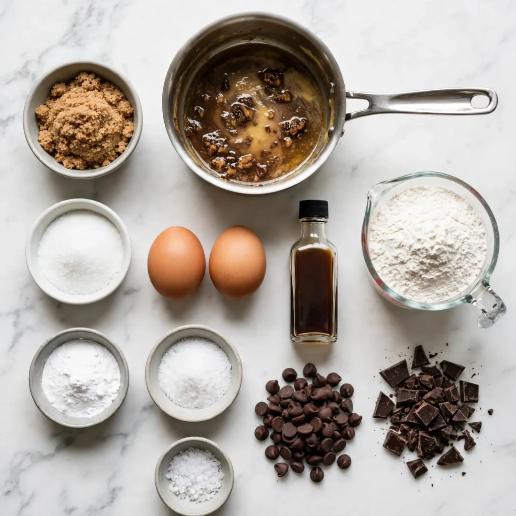 Brown butter chocolate chip cookie ingredients flat lay on white marble including browned butter, brown sugar, chocolate chips, eggs, and flour