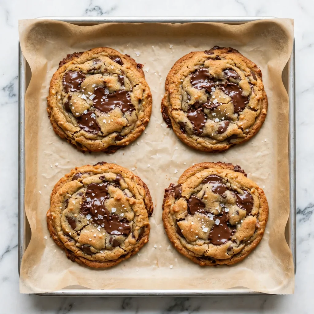 Overhead view of four brown butter chocolate chip cookies on parchment baking sheet with melted chocolate and flaky salt on white marble