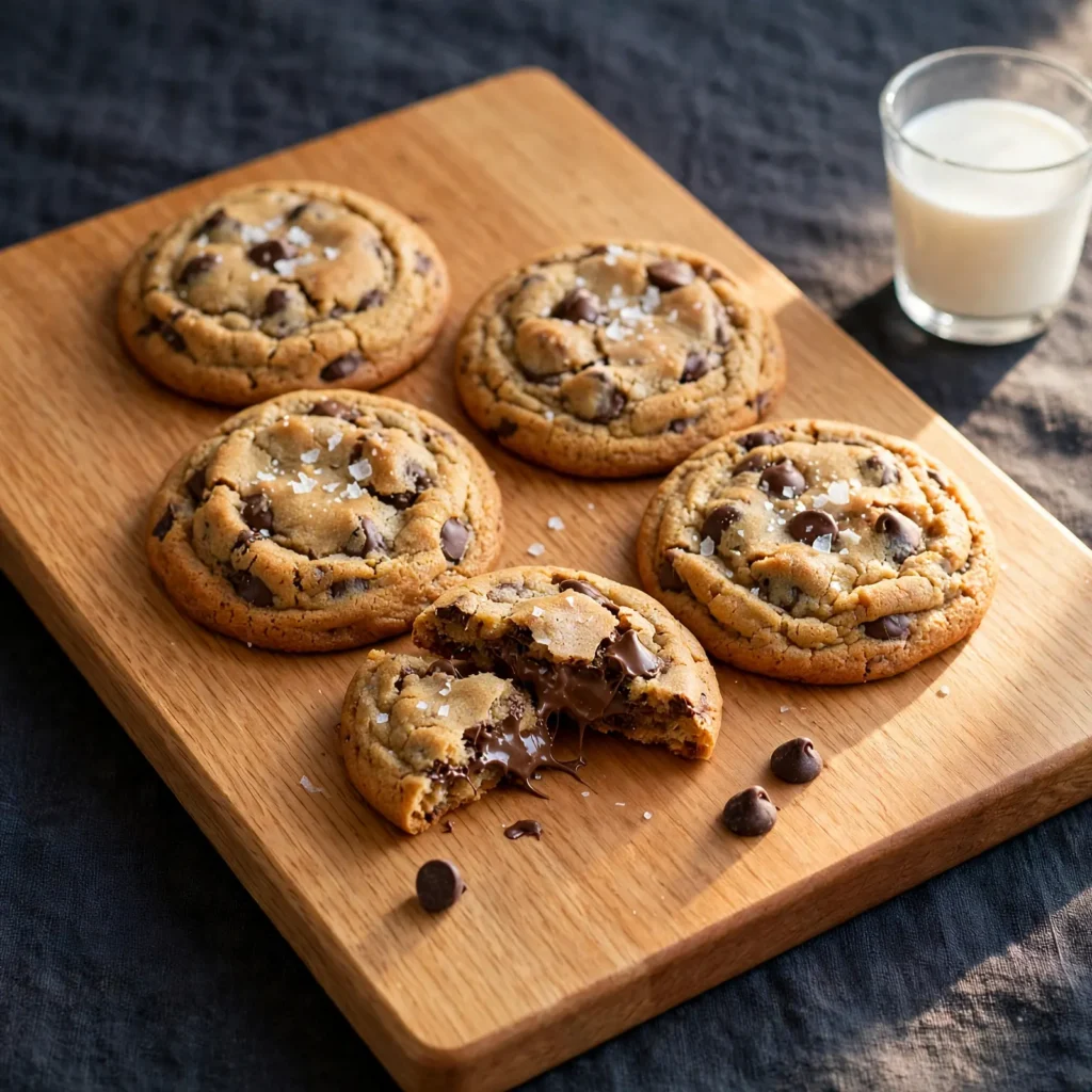 Brown butter chocolate chip cookies on clean light wooden board with one broken open showing chewy center and melted chocolate, glass of milk behind