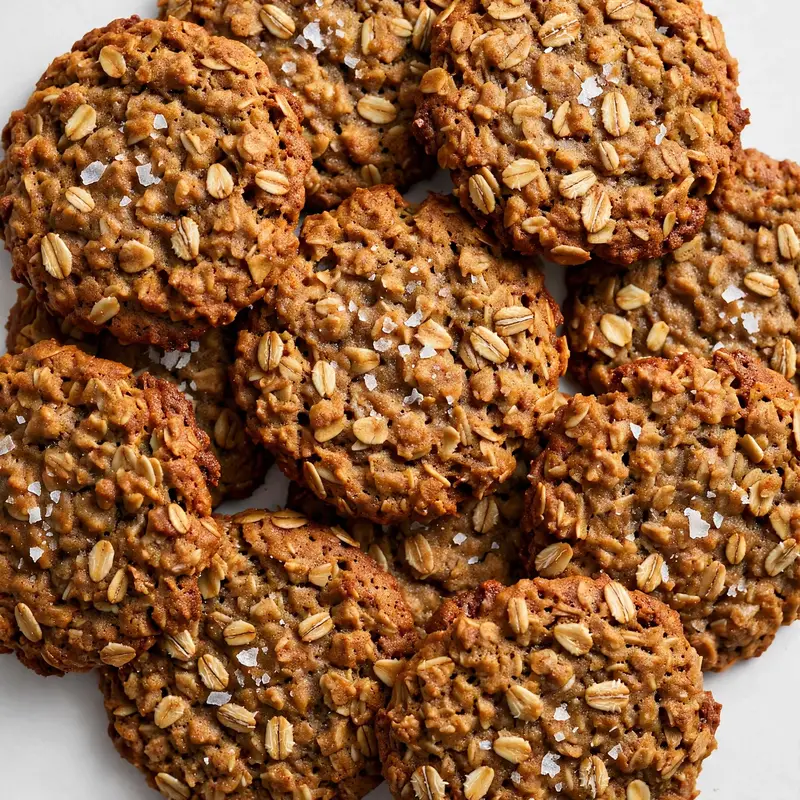 Brown butter oatmeal cookies, deep golden cookies with flaky sea salt