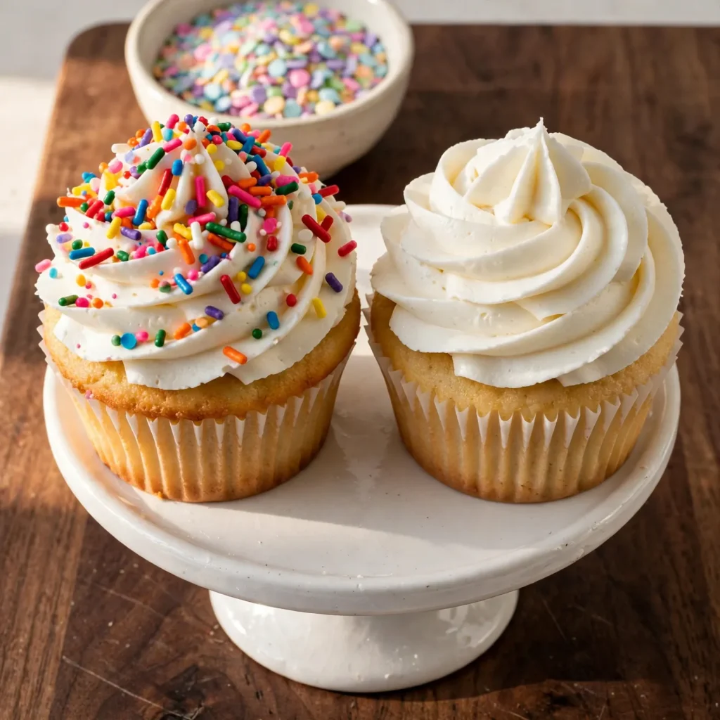 Two vanilla cupcakes with tall white buttercream frosting swirls on white cake stand one with sprinkles warm side lighting