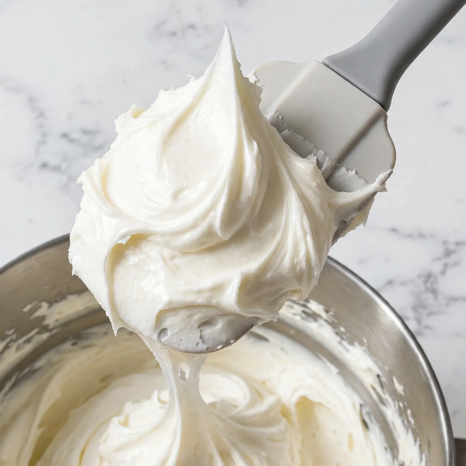 Rubber spatula lifting a fluffy buttercream peak with smooth glossy texture from a mixing bowl