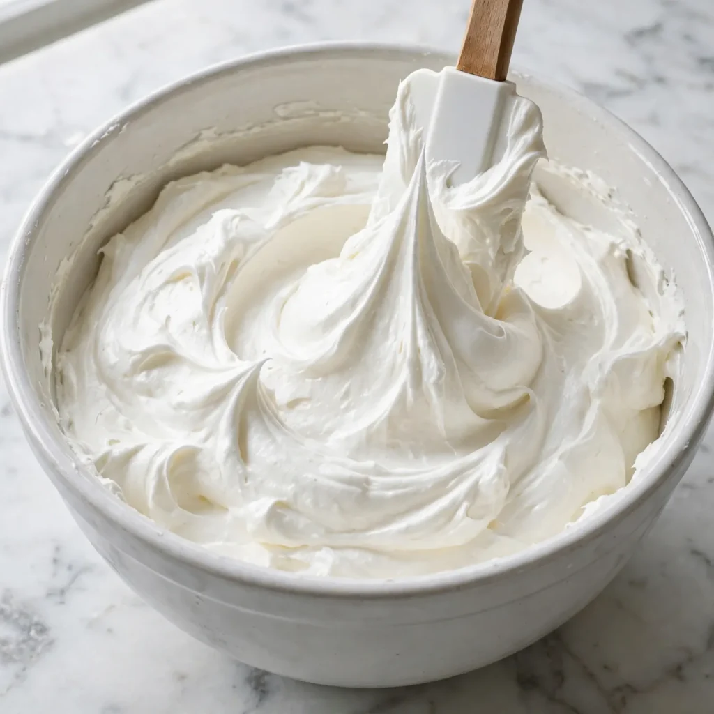 Finished smooth fluffy buttercream frosting in white mixing bowl with rubber spatula showing stiff glossy peak
