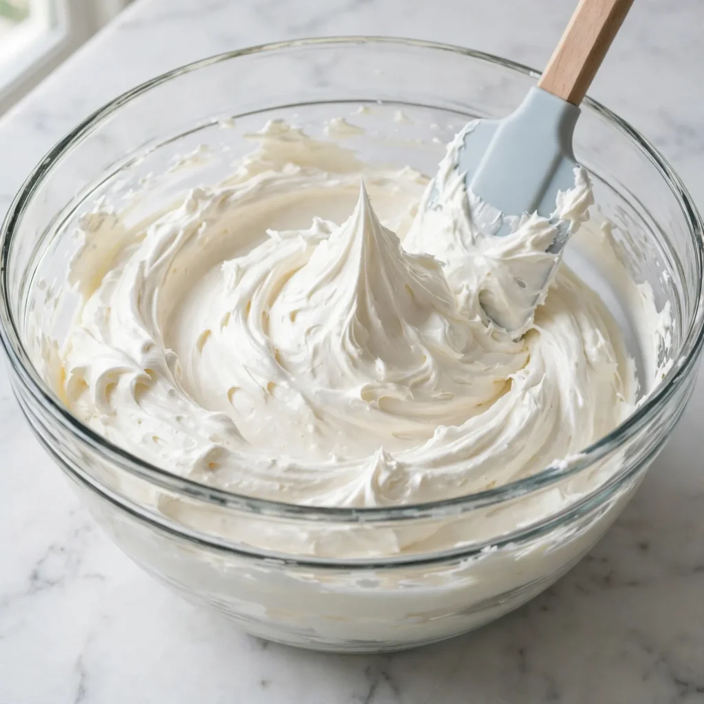 Glass mixing bowl of fluffy white buttercream frosting with soft peaks and rubber spatula showing smooth glossy texture