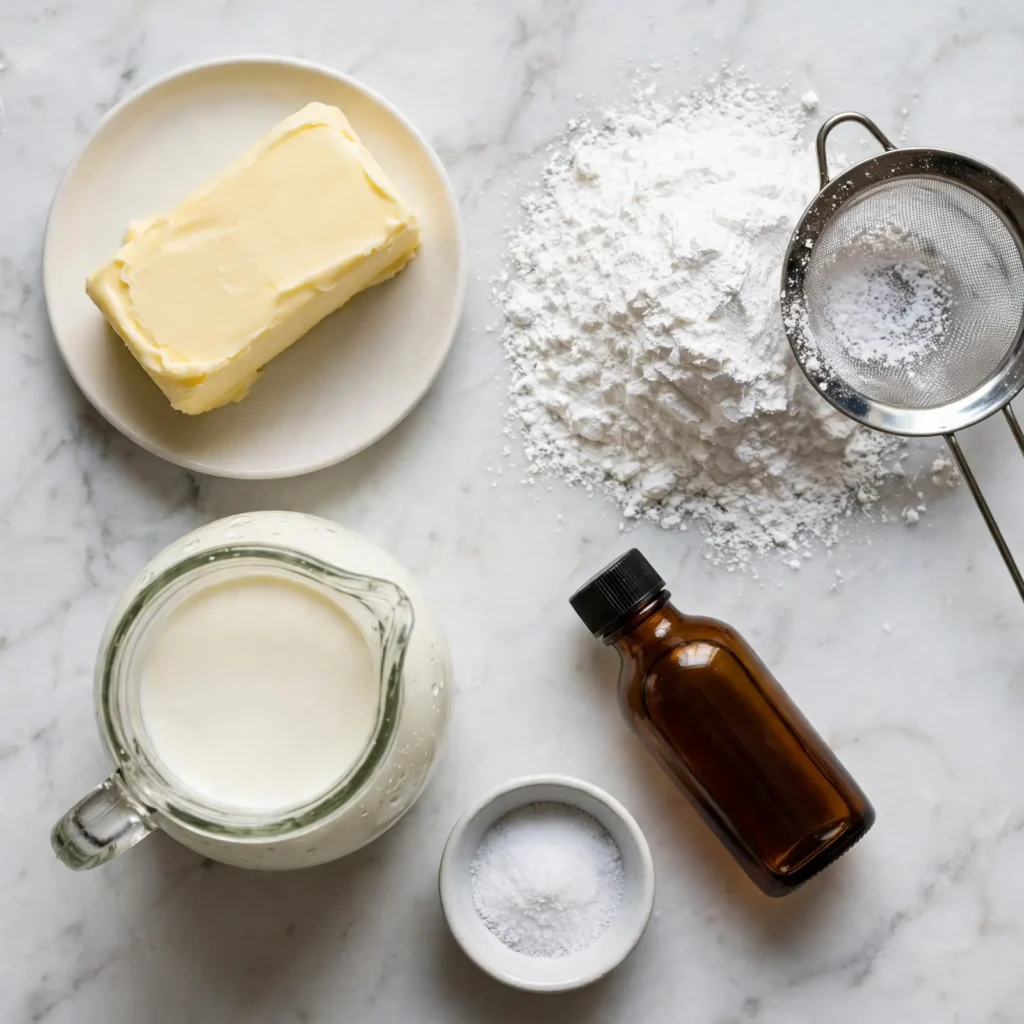 Buttercream frosting ingredients flatlay on white marble including softened butter powdered sugar heavy cream vanilla and salt