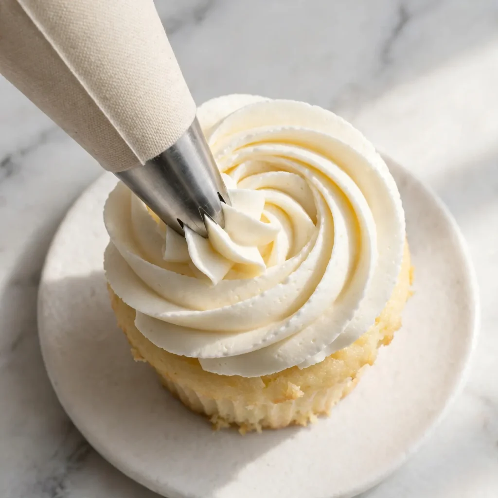 Piping bag frosting white buttercream rosette onto vanilla cupcake showing defined star tip swirl and smooth texture