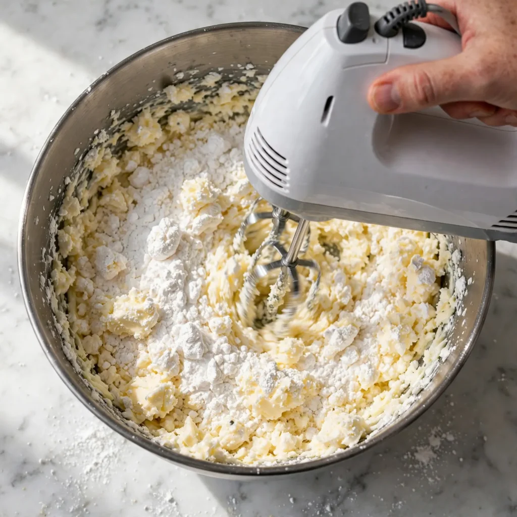 Hand mixer beating powdered sugar into softened butter in mixing bowl showing early rough crumbly stage before coming together
