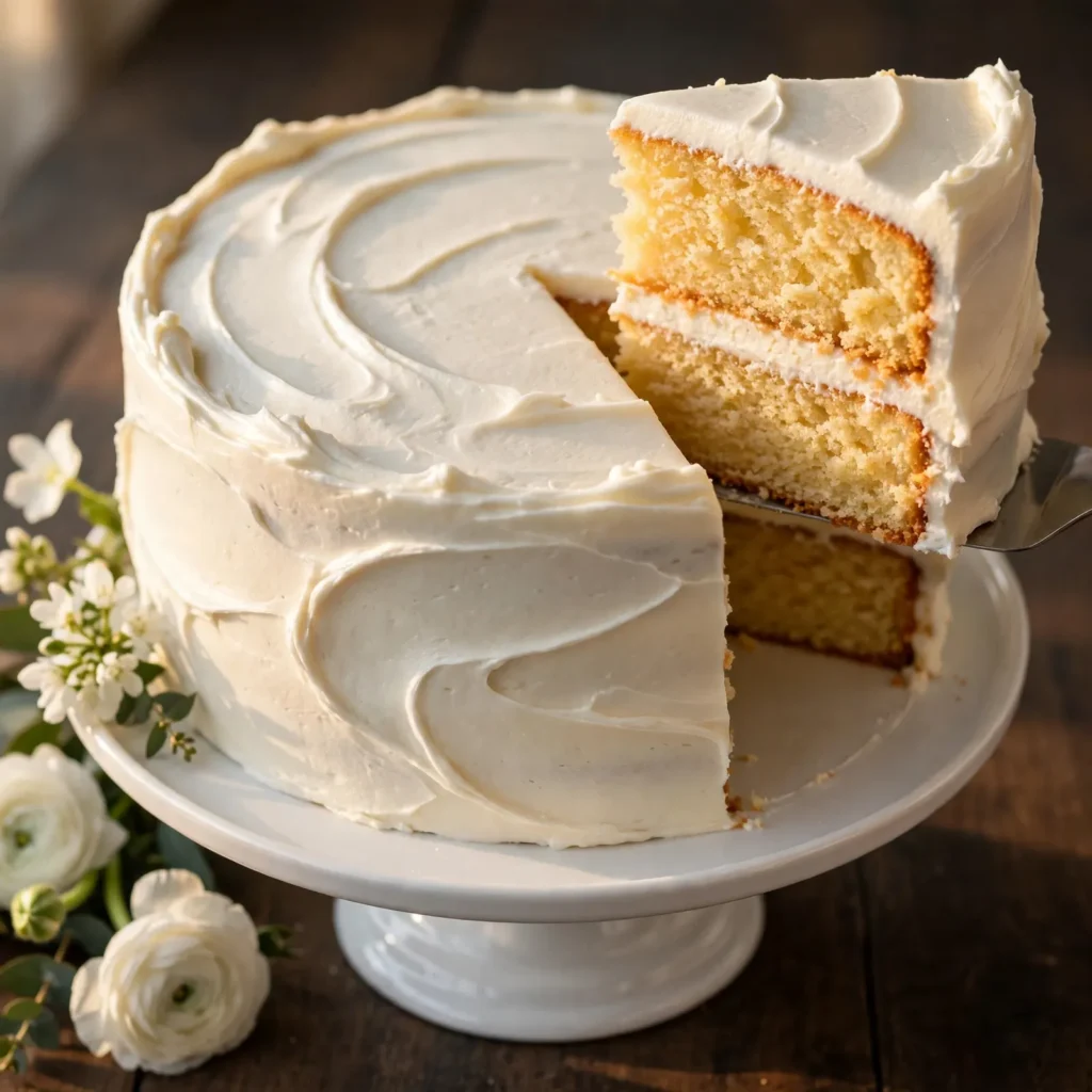 Two-layer vanilla cake with smooth white buttercream frosting on white cake stand with slice being lifted showing filling layer