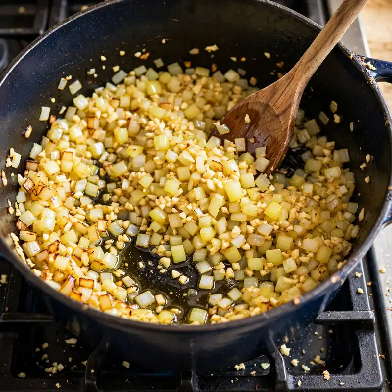 Diced onion and garlic sautéing in olive oil in a Dutch oven on a gas stove