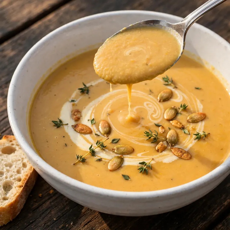 Spoon lifting creamy butternut squash soup from a white bowl with cream swirl and pumpkin seeds