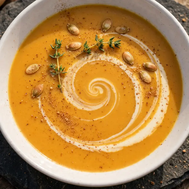 Final beauty shot of butternut squash soup in white bowl with cream swirl, pumpkin seeds, and thyme on dark stone