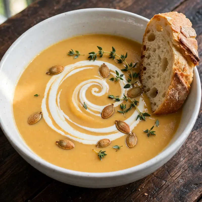 Creamy butternut squash soup in white bowl with cream swirl, pumpkin seeds, and thyme on dark wood