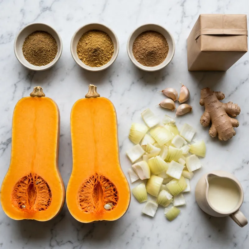 Butternut squash soup ingredients flat lay on white marble including squash, onion, ginger, spices, and cream