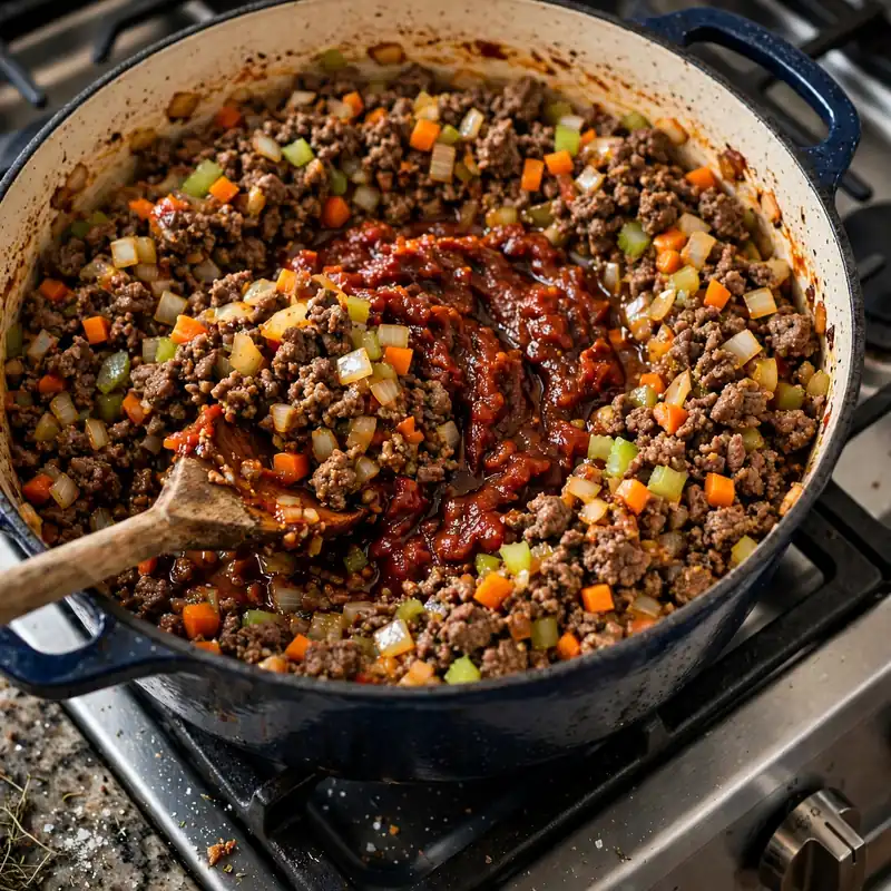 Ground beef, vegetables, and caramelized tomato paste being stirred in a large Dutch oven on the stovetop