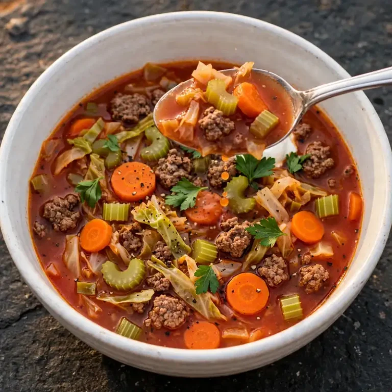 Spoon lifting hearty cabbage soup with cabbage and ground beef from a white bowl