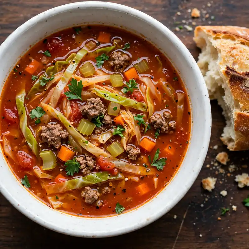 Hearty cabbage soup in white bowl with ground beef, cabbage, carrots, and tomato broth on dark wood