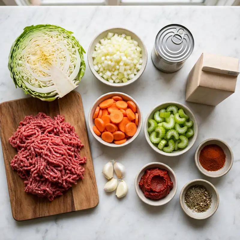 Cabbage soup ingredients flat lay on white marble including ground beef, cabbage, carrots, tomatoes, and spices