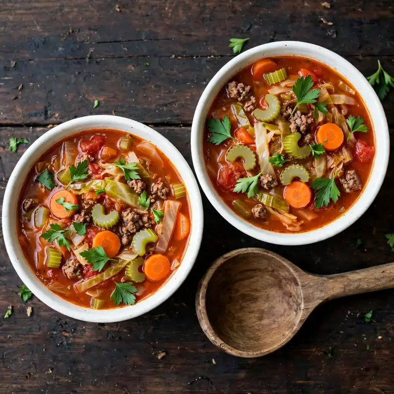 Overhead view of two bowls of cabbage soup on dark wood with tender cabbage, ground beef, and fresh parsley